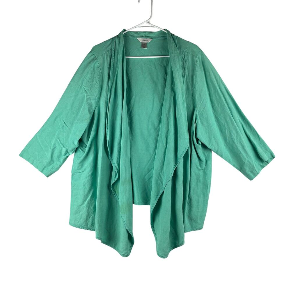 CJ Banks Linen Blend Drape Front Cardigan Jacket 3X Mint Green 3/4 Sleeve Plus